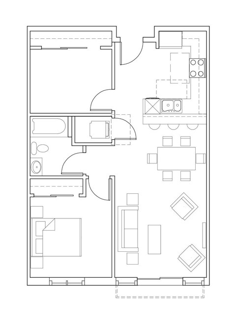 Floor plan for 1 bed, 1 bath, 821 sqft